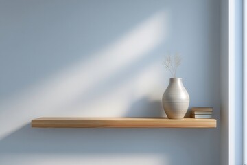 A minimalist wooden shelf holds a ceramic vase with dried flowers and two closed books, set against a light blue wall with natural sunlight.