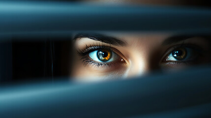  Eyes peeking through the blinds in a dark office, with a confidential folder on the desk (2)