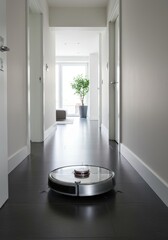Robotic Vacuum Cleaner in Modern Hallway - A silver robotic vacuum cleaner sits on a dark floor in a bright, modern hallway. The hallway is clean and minimalist