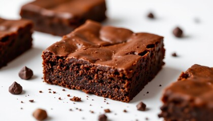 Delicious brownies arranged on a bright surface, with chocolate chips scattered around. The brownies appear moist and rich