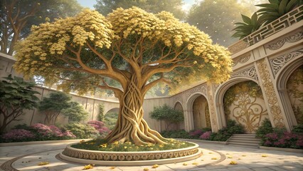 Fototapeta premium Golden Bodhi tree with Stucco Stems and Leaves An elegant 3D floral background. Elegant 3D Floral Background Featuring Golden Bodhi tree with Stucco Stems and Leaves