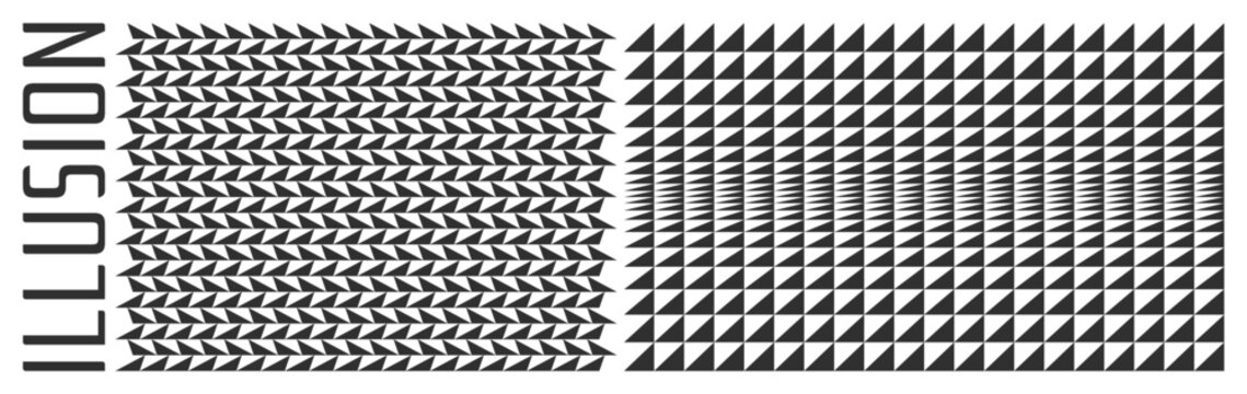 Background of many white and black triangles with dynamic effect and optical illusion. Cover design template. Half-tone vector pattern. 3d illustration for brochure, presentation, flyer or banner.