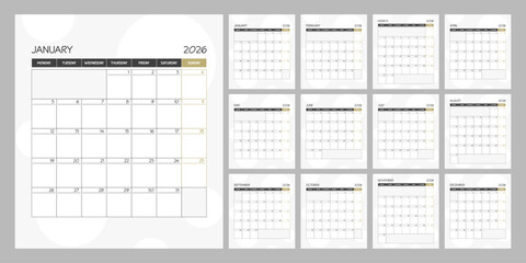 Monthly calendar square planner schedule for 2026 year. Week Starts on Monday