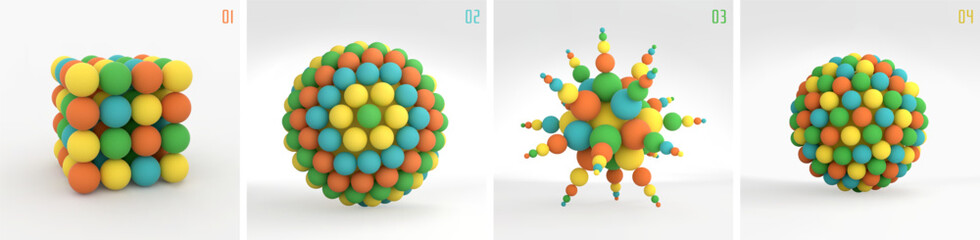 3D cube made of small balls. Sphere. A structure similar to a molecule or virus. Modelling of nanoparticles. Art composition. Design elements. Vector for brochure, presentation, flyer or banner.