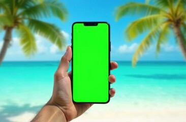 Male hand holding a smartphone on a tropical beach with palm and ocean. Copy space.