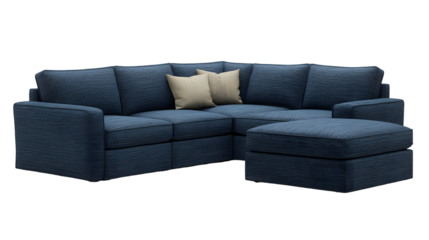 A deep blue sectional sofa with matching ottoman and beige pillows, offering comfortable seating and modern design