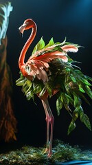 Elegant Flamingo Draped in Tropical Leaves on Theatrical Stage Lighting