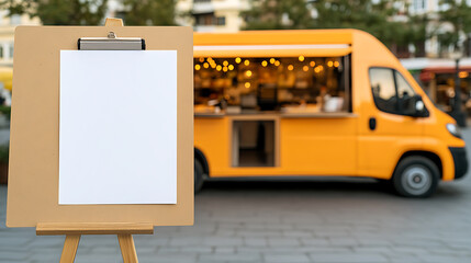 Blank sign near a vibrant yellow food truck, ready for your message. Street setting adds to the urban appeal. Ideal for promotions and events!