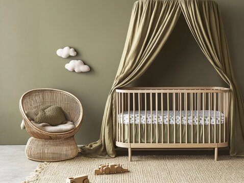 Interior view of a nursery with a wooden crib a decorative canopy and a rattan chair against an olive green wall soft textures and a calm atmosphere.