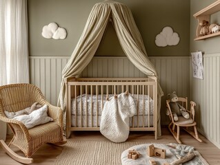 Cozy nursery interior with wooden crib rocking chair and decorative elements neutral color palette and soft lighting create a peaceful atmosphere. Minimalist design with textures.