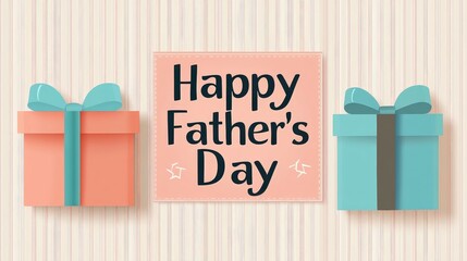 Striped background vector illustration for Father's Day: blue gift boxes, a mustache, a tie, and paper-cut style "Happy Father's Day" text, ideal for greeting card, poster, or flyer templates in men's