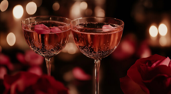 Bebidas espumantes de rosas comemorativas em copos elegantes em uma festa