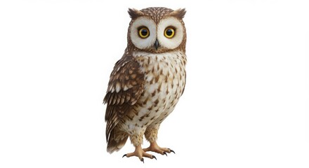 Fototapeta premium A detailed illustration of an owl with yellow eyes and speckled feathers, standing against a white background.