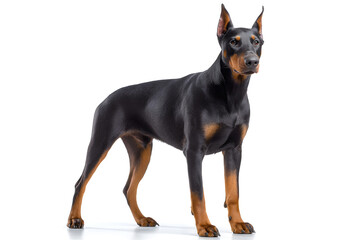 A Doberman with a glossy black and tan coat stands alert and poised, displaying confidence and strength