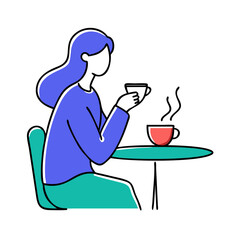 Woman enjoying a hot beverage while seated at a table, with a steaming cup in hand, creating a cozy atmosphere for relaxation and contemplation in a modern cafe setting