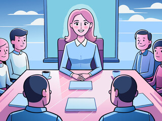 Fototapeta premium Business meeting illustration featuring a confident woman leading a discussion at a table surrounded by engaged colleagues, showcasing teamwork and collaboration in a professional setting