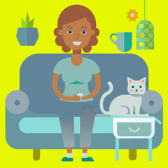 African American woman sitting on a couch, holding a smartphone, with a cat beside her, surrounded by plants and colorful decor, creating a cozy home atmosphere