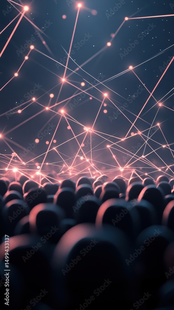 Poster glowing connections over many dark spheres. digital design for global networks with technology and d