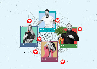 Art collage. Young colleagues international team connected in social networks. Promotion, action, ad, job questions, discussion. Vacancy. Business concept, communication, information, news.