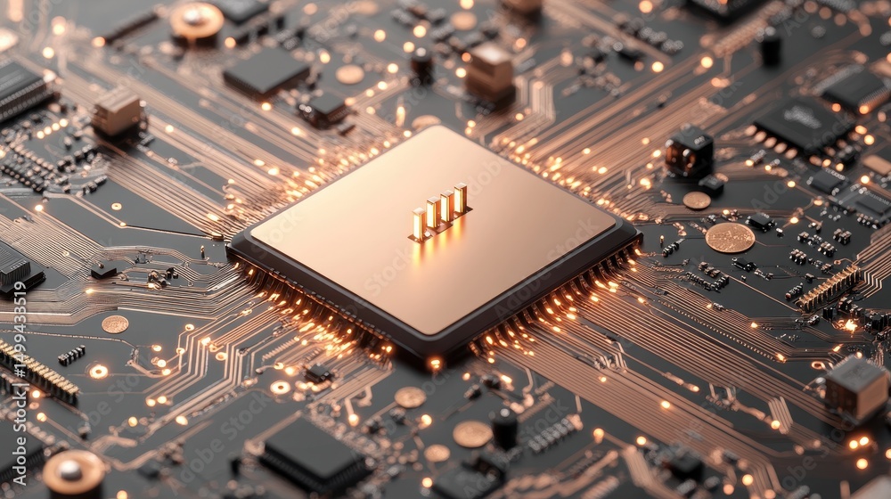 Poster complex circuit board showcasing central processor unit with connections for rapid data transmission