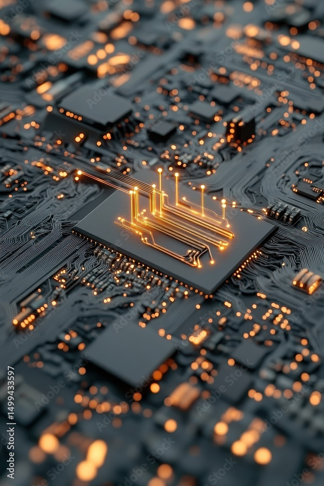 Poster integrated circuits. system on a chip. close up of a dark motherboard with lighted circuits. modern 