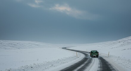 Winter Road Trip Solitude - A lone vehicle drives down a winding snowy road, surrounded by a vast, serene winter landscape
