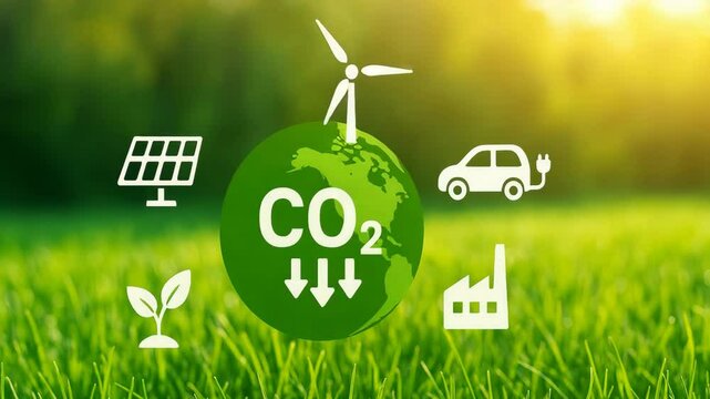 A visual representation of sustainability with green energy sources and CO2 reduction.