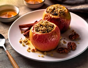 Warm baked apples filled with crunchy granola and nuts sit invitingly on a cozy kitchen table. Cinnamon sticks add a delightful aroma to this delicious scene.