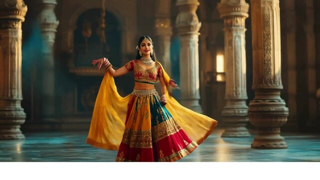 
A stunning Indian dancer performing a traditional Kathak dance, dressed in an ornate, colorful lehenga choli with intricate gold embroidery
