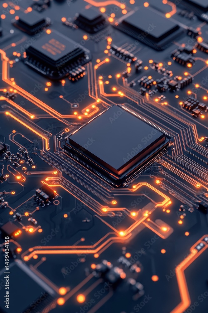 Poster detailed view circuit board. orange traces connect different chips. complex system of integrated ele