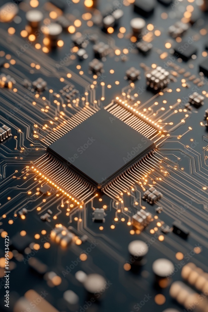 Poster close up electronic components. computer chip with bright lights. circuit board showing connected ne
