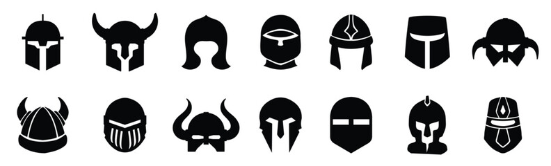 Ancient helmet icons. Set of different warrior helmet icons. Simple soldier helmet signs. Black helmet icons