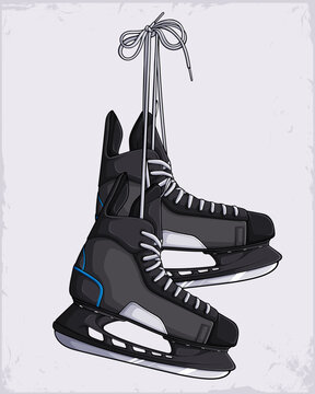 Hand drawn black ice hockey skates for beginners and professionals , ice boots with metal blades. Pair of ice hockey shoes equipment