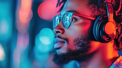 Man listens using headphones. City lights glow with network data transfers and speed depicting 5G networks of information.