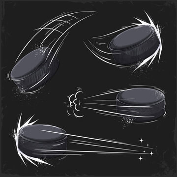 Hand drawn set of black ice hockey pucks flying in the air. hovering rubber hockey pucks in motion