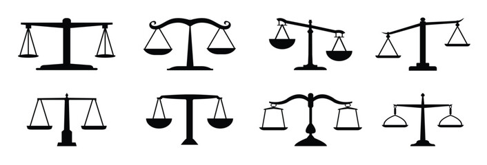 Balance scale or libra icon collection in black. Justice scales icons. Vintage scale in balance. Justice scales icon or risk evaluation symbol. Vector