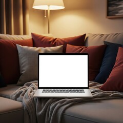 Fototapeta premium blank laptop screen on cozy sofa with pillows and warm lighting