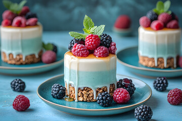 Delicious gourmet berry and fruit cheesecakes and fresh yogurt with berries, perfect for a sweet breakfast or dessert