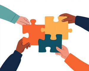 Group of diverse professionals connecting puzzle pieces with campaign elements, collaborative marketing planning