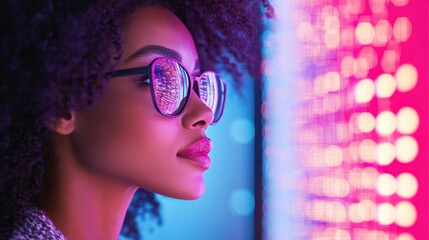 Person with glasses looks at illuminated data. Bright pink and blue lights. Network reflected in eyewear. Focus on 5G networks