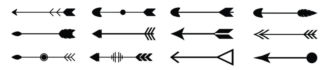 Black arrow element collection for vintage design. Arrow in hand drawn style. Set of vintage decorative arrows. Classic vintage arrows. Vector