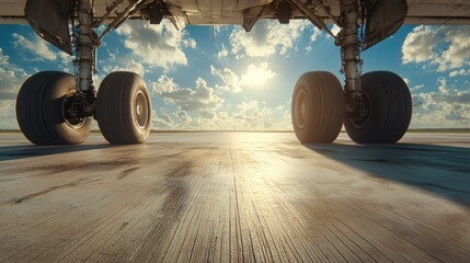 Ground-level shot of airplane wheels rolling across concrete runway during takeoff