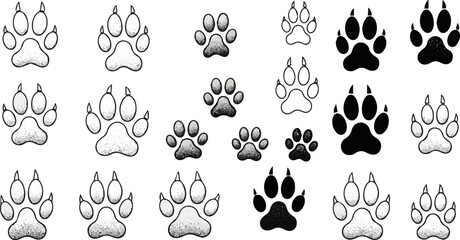 Create a kinds of Dog and cat paw print vector illustrations, with white background. © al