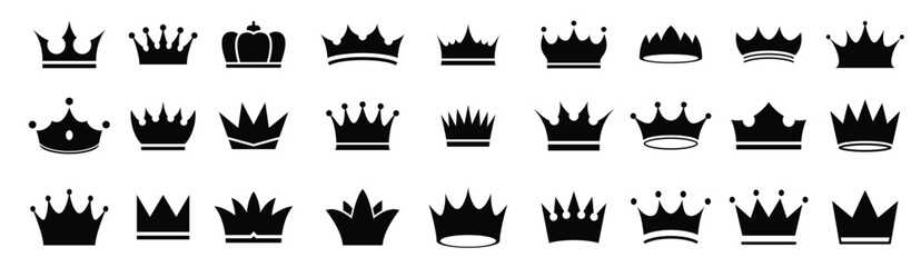 Black crown icon collection. Set of black crown icons. King and queen crown icon collection, Vector