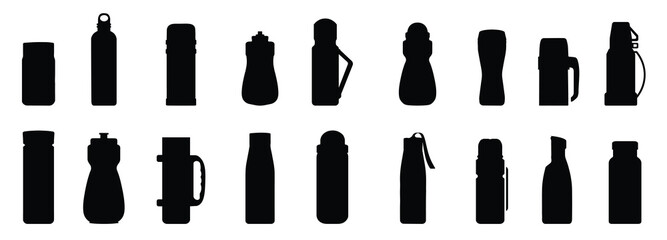 Black thermos bottle silhouette collection. Thermos, bottle, thermal vessel. Set of thermoses for tea and hot liquids. Large and small thermoses silhouette. Vector