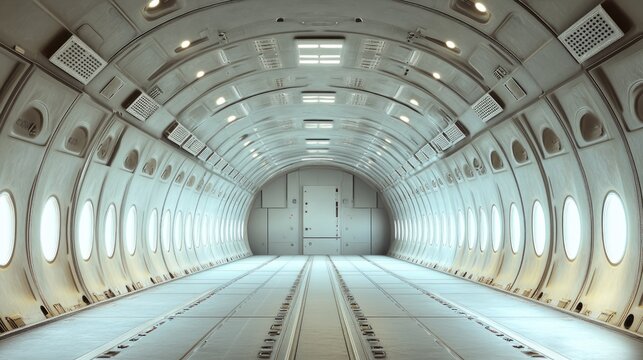Interior of aircraft cargo hold with containers secured and organized for flight
