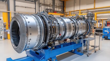 Jet engine close-up with turbine blades and polished metal housing in sharp focus