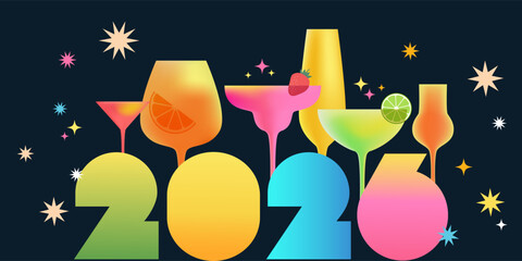 2026 Happy New Year greetings banner poster with colorful cocktails, champagne, aperol, martini. Cocktail menu vector illustration. © sunshinys