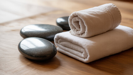 Massage stones and soft towels arranged neatly, evoking relaxation and natural comfort.