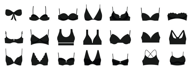 Woman bra icons in black. Bra icons. Set of black bra icons. Vector illustration
